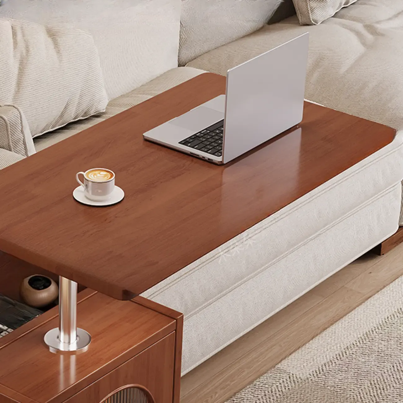 Adjustable Swivel Top Walnut Wood Wheel Side Table