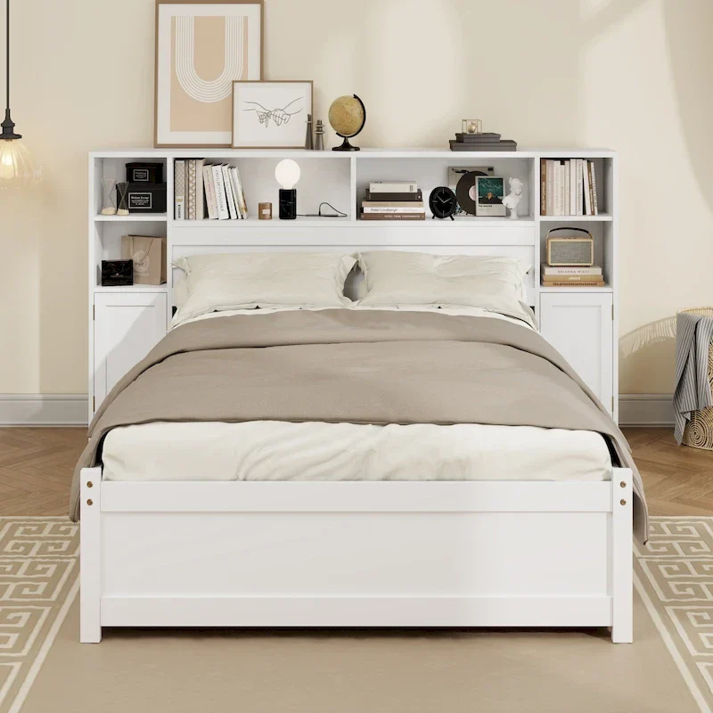 White Wood Storage Bed with Bookcase Headboard