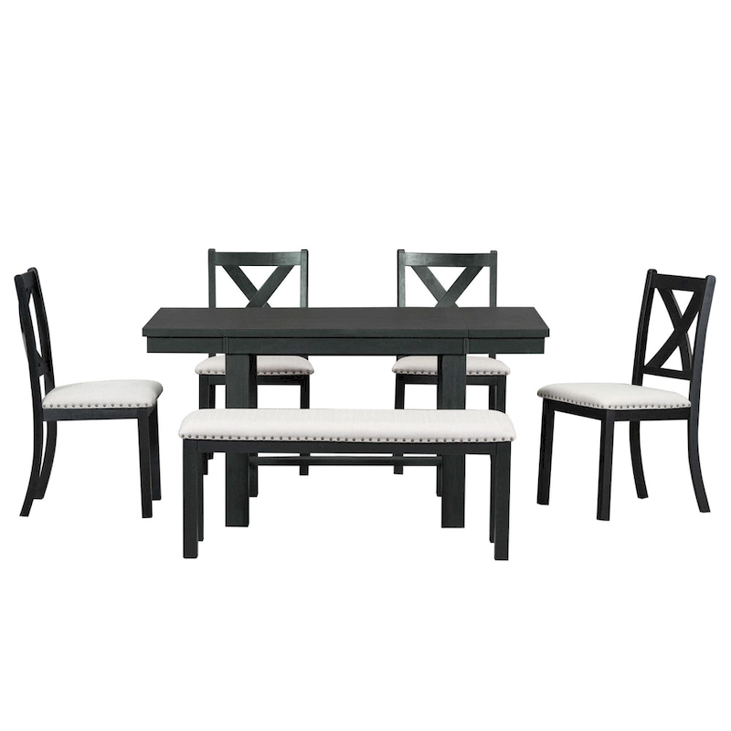 Black 6-Piece Wooden Dining Table Set with Extendable Table & 4 Chairs & Bench