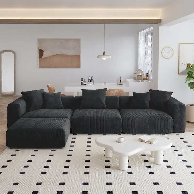 L Shaped Modern Sectional Couch Sofa with 5 Pillows and Chaise Ottoman, Cushion Covers Removable