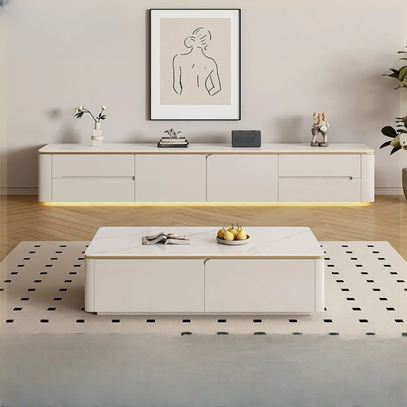 Modern White Stone Long TV Stand with Drawers