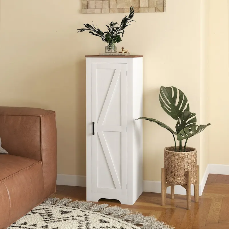 White 4-Tier Farmhouse Storage Cabinet with Single Barn Door – Single User