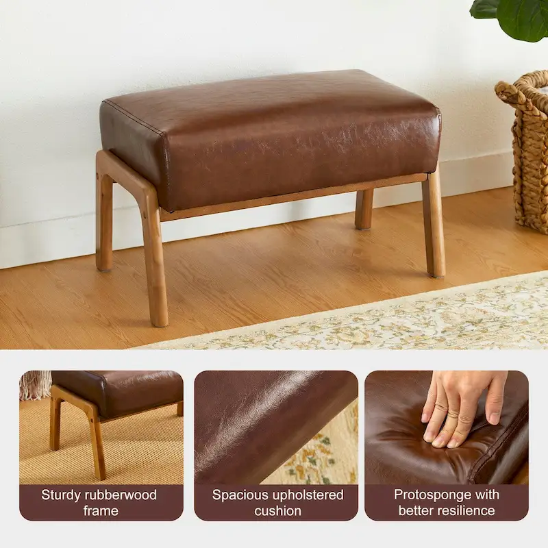 Brown Mid-Century Faux Leather Ottoman Accent Stool, Set of 2