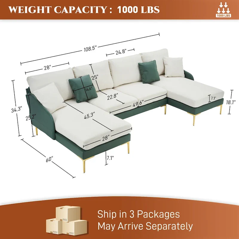 U-Shape Sectional Sofa 4-Seat Couch with Double Chaise Lounge
