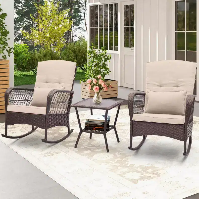Costway Patio 3PCS Rocking Wicker Bistro Set 2 Rocker Chairs Tempered Glass Side Table