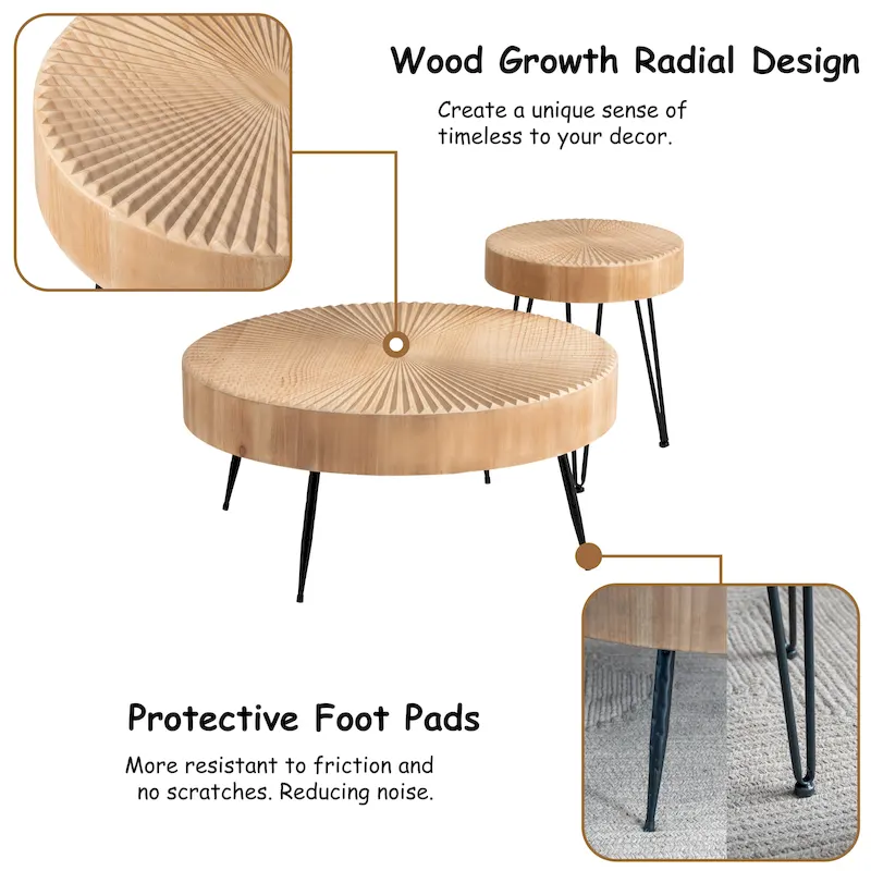 Rustic Cylindrical Wood Veneer Coffee Table – Natural / White / Light Red & Natural