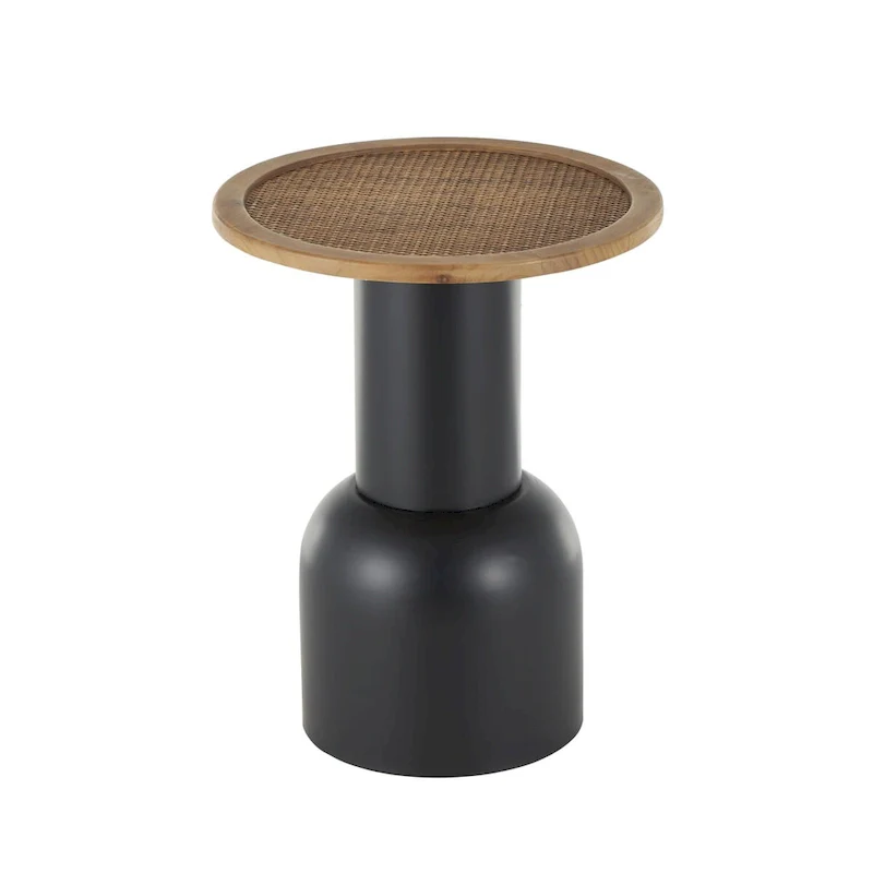 Metal Handmade Pedestal Side End Accent Table with Brown Rattan Tabletop - Black