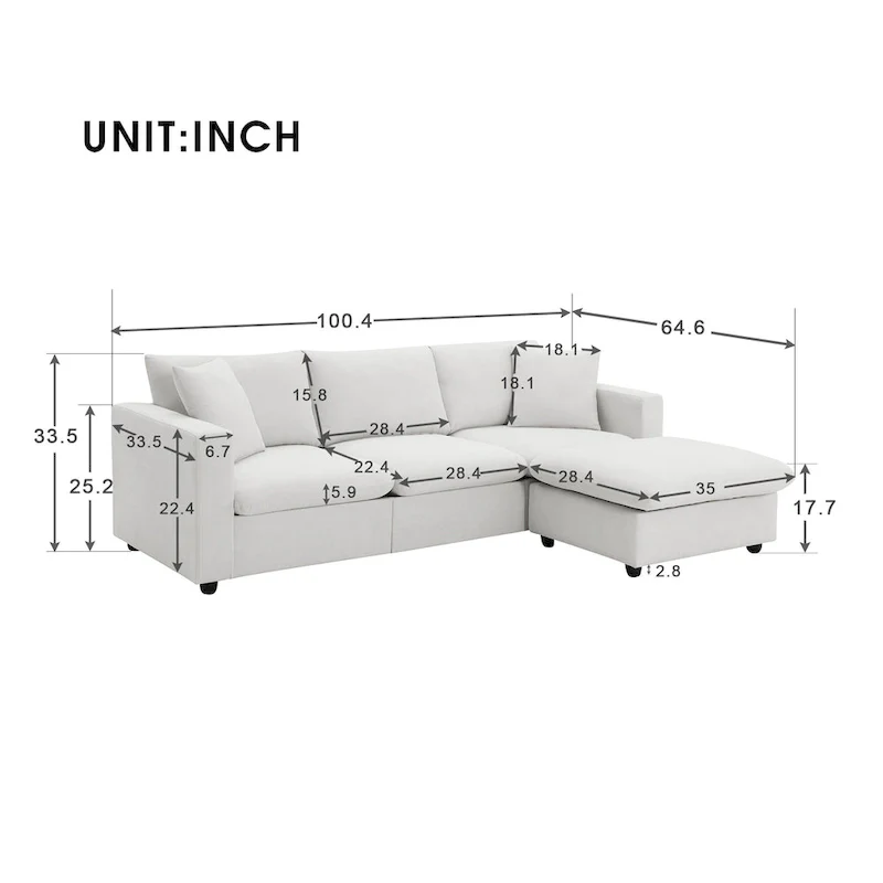 Modern 4-Seat L-Shaped Sectional Sofa, with 2 Free pillows, Convertible Ottoman