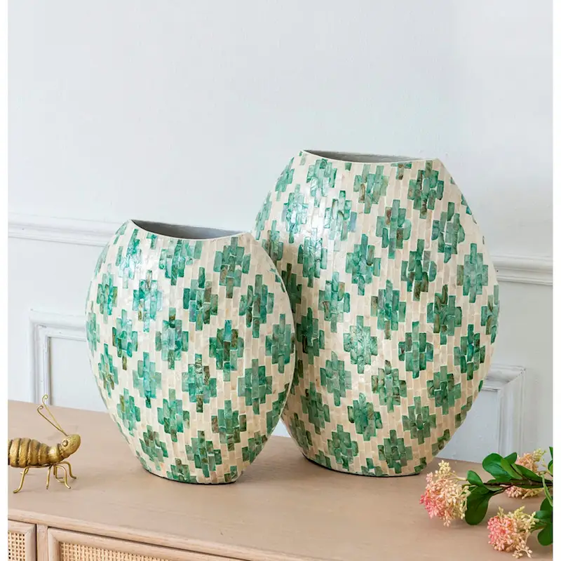 A&B Home Green and Tan Diamond Pattern Capiz Vase