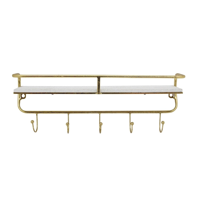 20 White and Gold Single Tier Wall Shelf with Hooks
