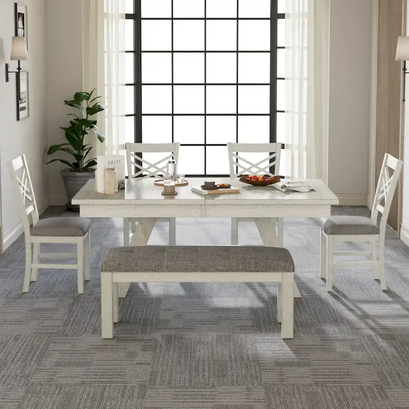 6/8-Piece Dining Table Set with Bench, Solid Wood Rectangular Extendable Dining Table & 4 Solid Wood Dining Chairs
