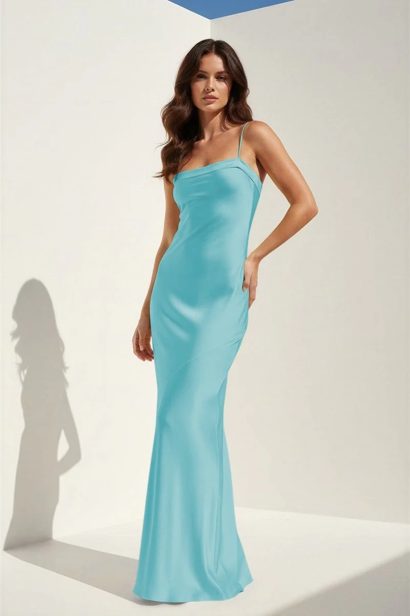 Yellow Spaghetti Straps Sheath Satin Open Back Long Prom Dresses