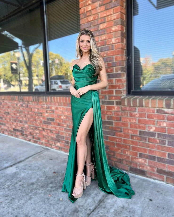 Mermaid Strapless Satin Prom Dress with Slit