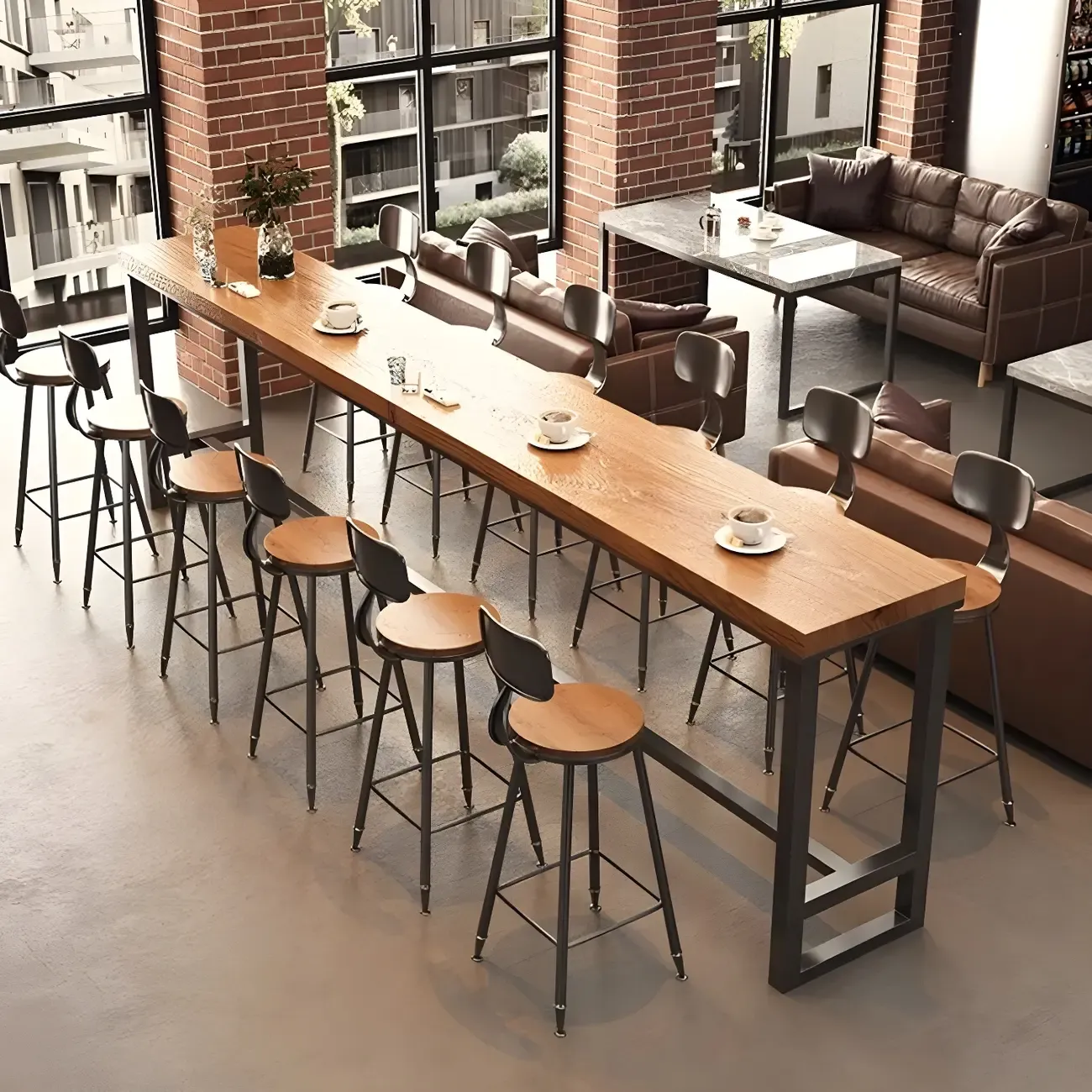 Industrial Brown Pine Wooden Metal Trestle Bar Tables