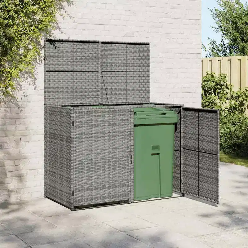 vidaXL Double Wheelie Bin Shed with Lid, Poly Rattan