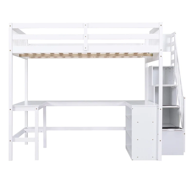 White Full Size Pine Wood Loft Bed with Built-in L-Shaped Desk and Three-Tier Storage Shelves, and Attached Storage Staircase