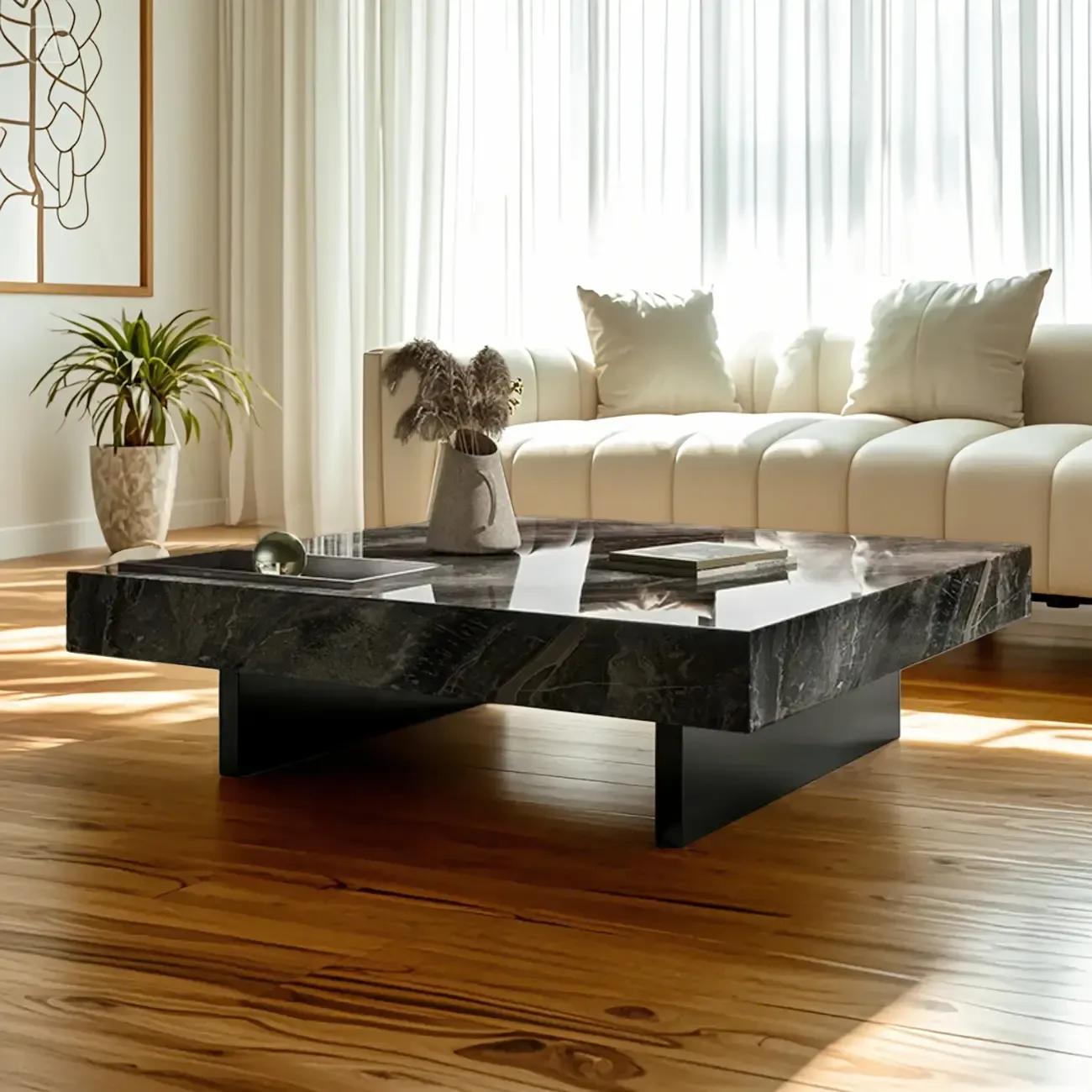 Modern Low Stone Square Coffee Table with Double Pedestal