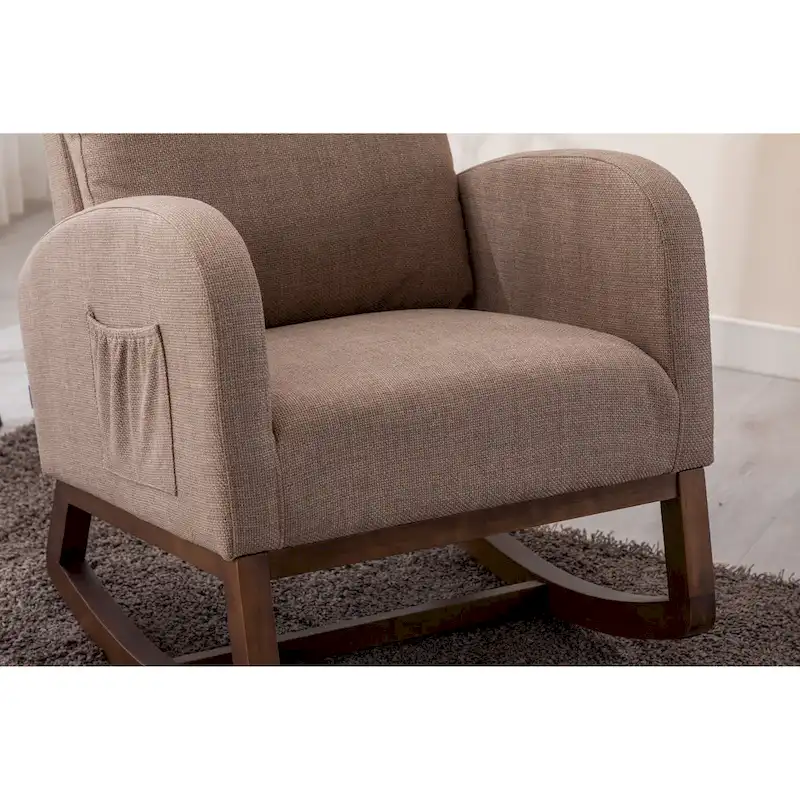 Modern 27 Upholstered Rocking Chair with Wood Legs and Side Pocket
