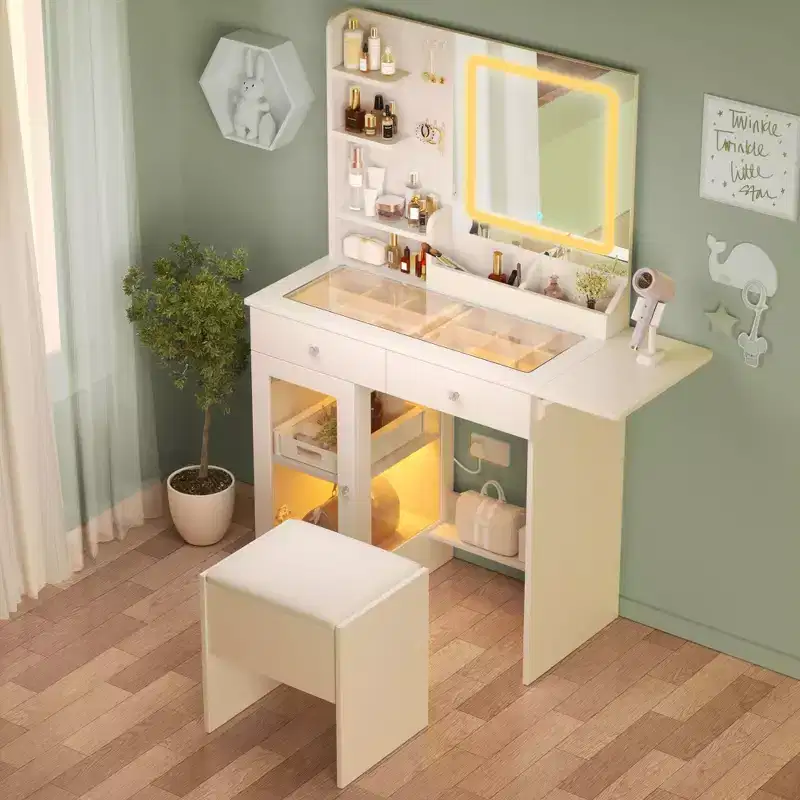 Okak Small Vanity Desk with Storage Stool and Glass Top, Makeup Vanity with 2 USB Power Strip, Dressing Table for Living Room, Bedroom, White
