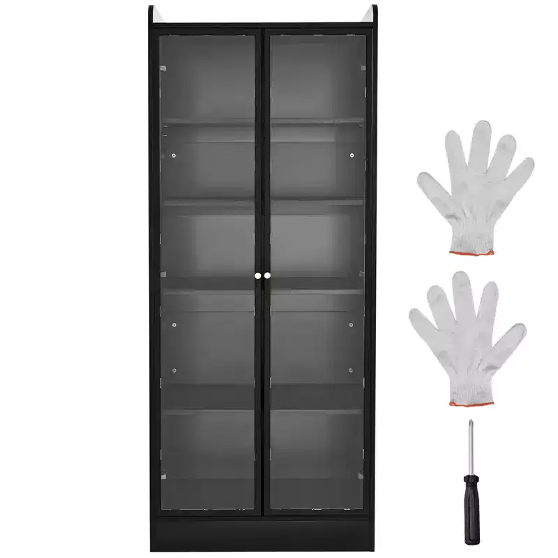 VEVOR Display Cabinet with Doors, 67 in Tall Lighted Display Case with 2 Adjustable Shelves, 5-Tier Curio Collectibles Storage Cabinet, Black
