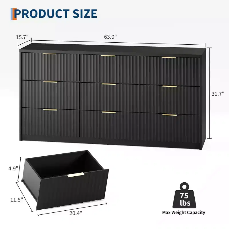 63 Wide 9-Drawer Low-Boy Dresser, Waterproof Wood-Grain Top, Smooth Metal Rails, 75 lb TV Stand, Stable Base, Easy-Clean Handles for Home & Bedroom