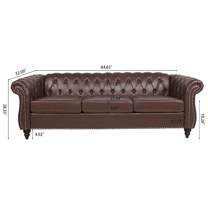 84.65 Chesterfield Tufted Faux Leather Sofa with Rolled Arms