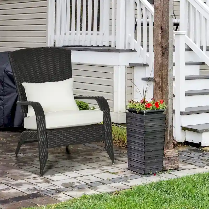 Patio Wicker Adirondack Chair, All-Weather Rattan Fire Pit Chair Soft Cushions, Tall Curved Backrest and Armrests