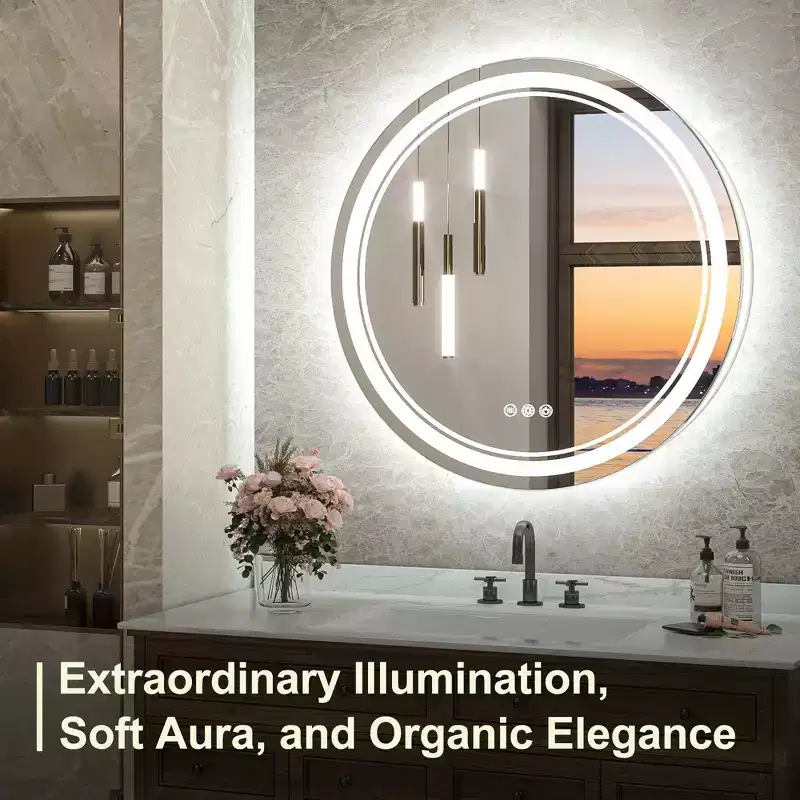 Keonjinn LED Round Bathroom Vanity Wall Mirror, 3 Color Temperatures Dimmable