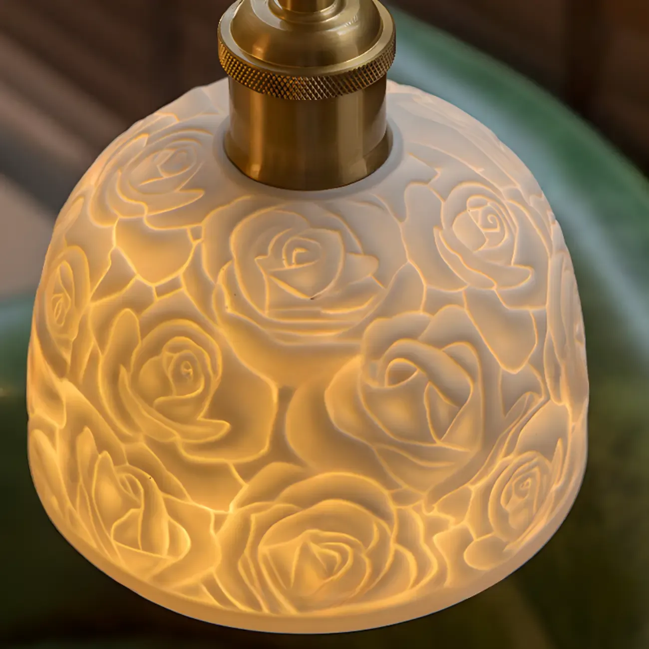 Elegant Brass Rose Ceramics Dome Pendant Light