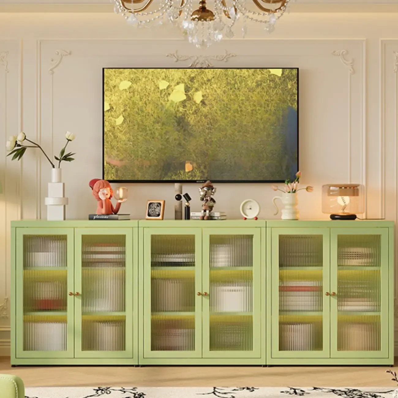 Modern Glass Door 3-Shelf Steel Green Frame Bookcase
