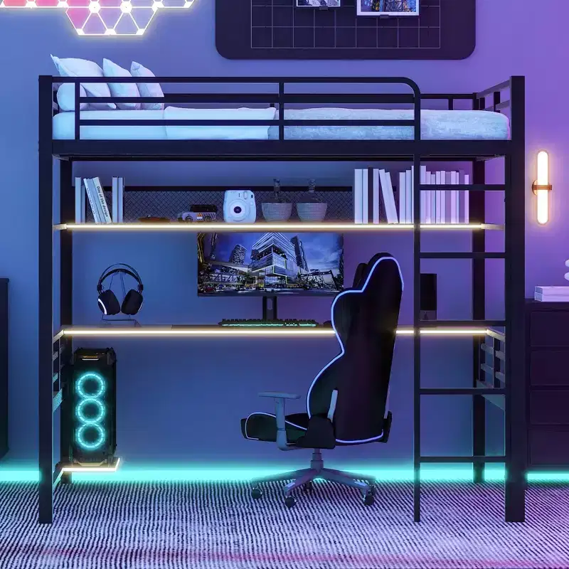 ModernLuxe Full Size Metal Loft Bed Frame with Storage Shelf, LED Light & Desk, Space-Saving Loft Bed with Iron Mesh, No Box Spring Needed, Black