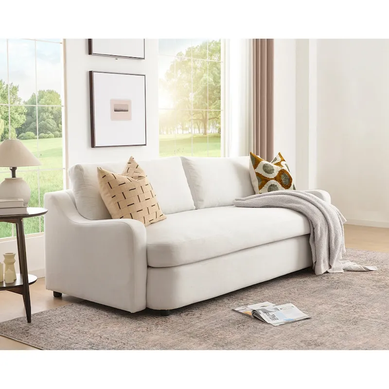 KINWELL 3-Seater Linen Upholstered Deep Seat Sofa with Flippable Cushions, 90 W