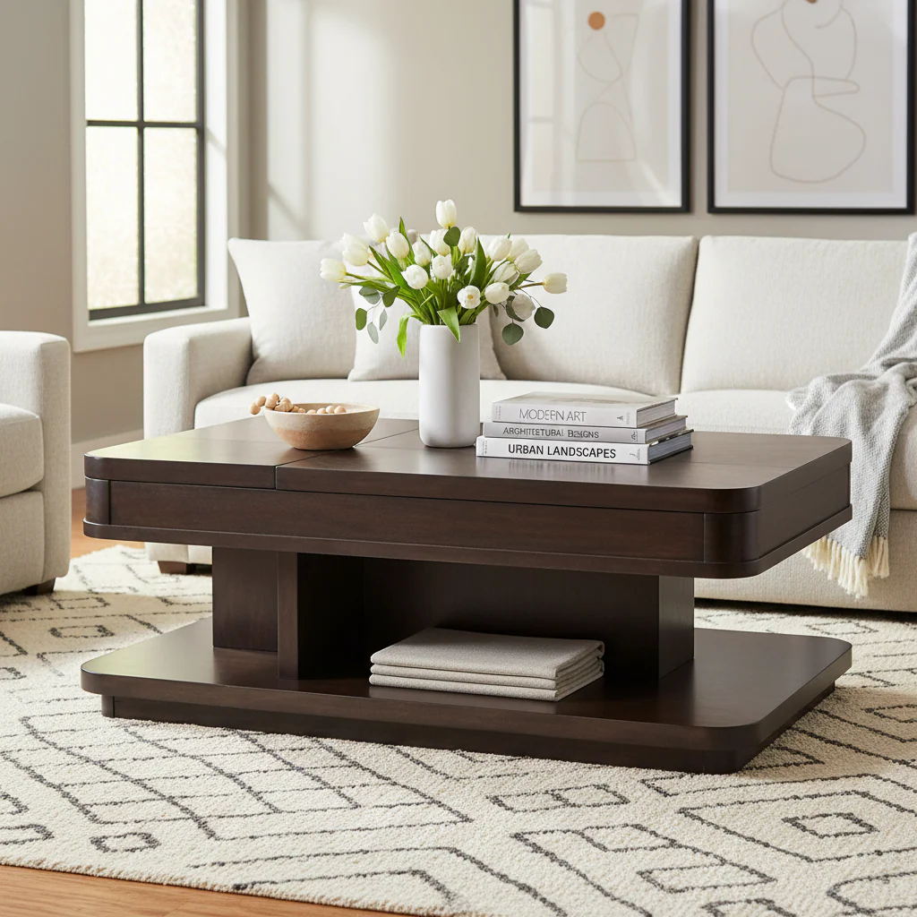 Brown Chocolate Mahogany Rectangular Double Lift-Top Cocktail Table with Casters & Lower Shelf
