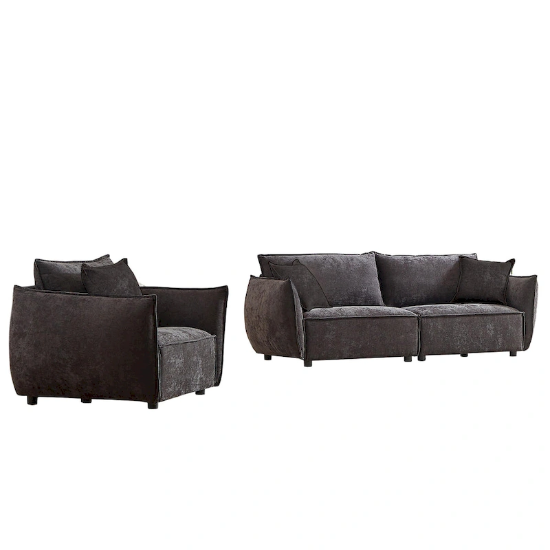 2-Pieces Linen Fabric 4-Seat Modular Sofa Set with 3+1 Seater Combo and Wooden Frame & 3 Pillows
