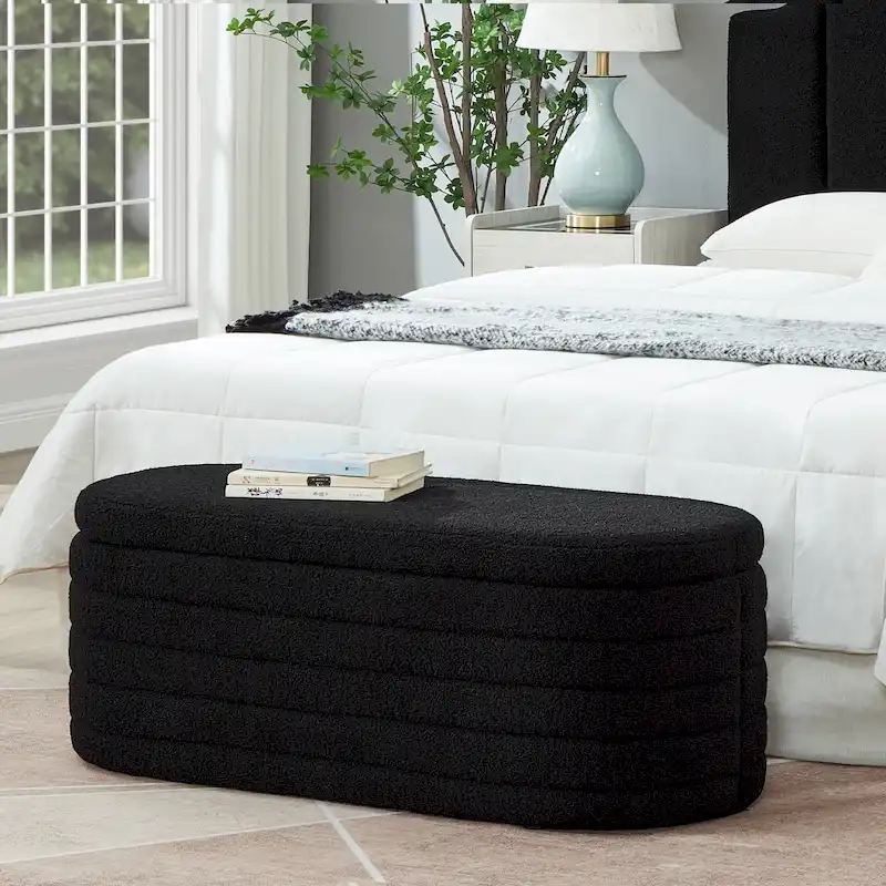 Teddy Fabric Upholstered Oval Storage Ottoman Bench, No assembly required