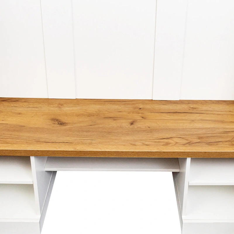 Farmhouse Hall Tree with Wood Grain Bench, Hooks and Bottom Cabinets