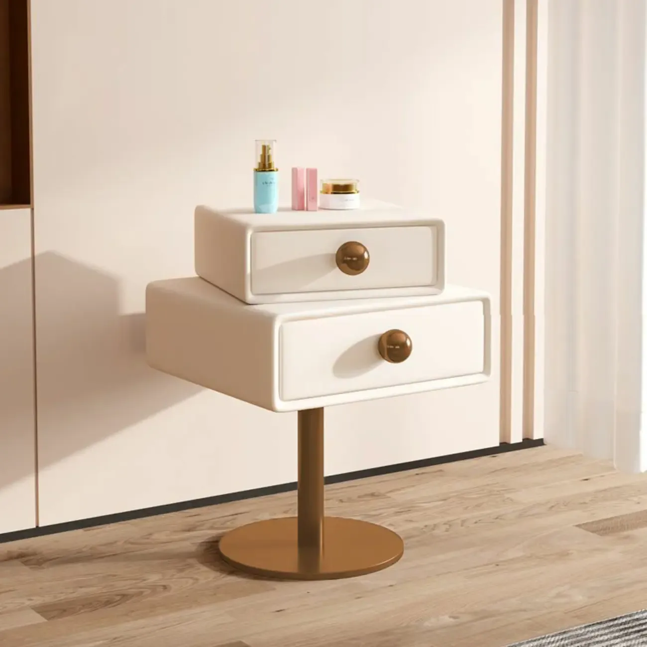 Modern Metal Faux Leather Swivel 2-Drawer Nightstand