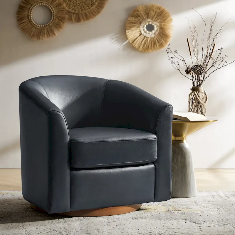 Althea Modern Genuine Leather Swivel Barrel Chair with Solid Wood Base By HULALA HOME