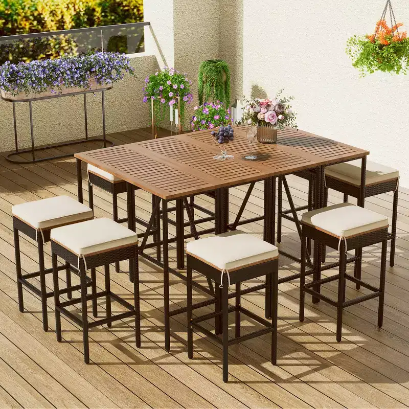 ModernLuxe 5/10-Piece Outdoor Bar Height Dining Set, Acacia Wood Foldable Table & Cushioned Stools, All-Weather Patio Bistro Set, Brown