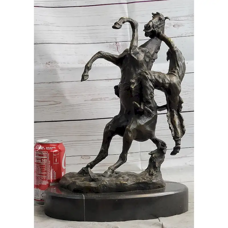 Cowboy Bucked Off Rearing Horse Bronze Sculpture Statue Country Western Decor Marble Base