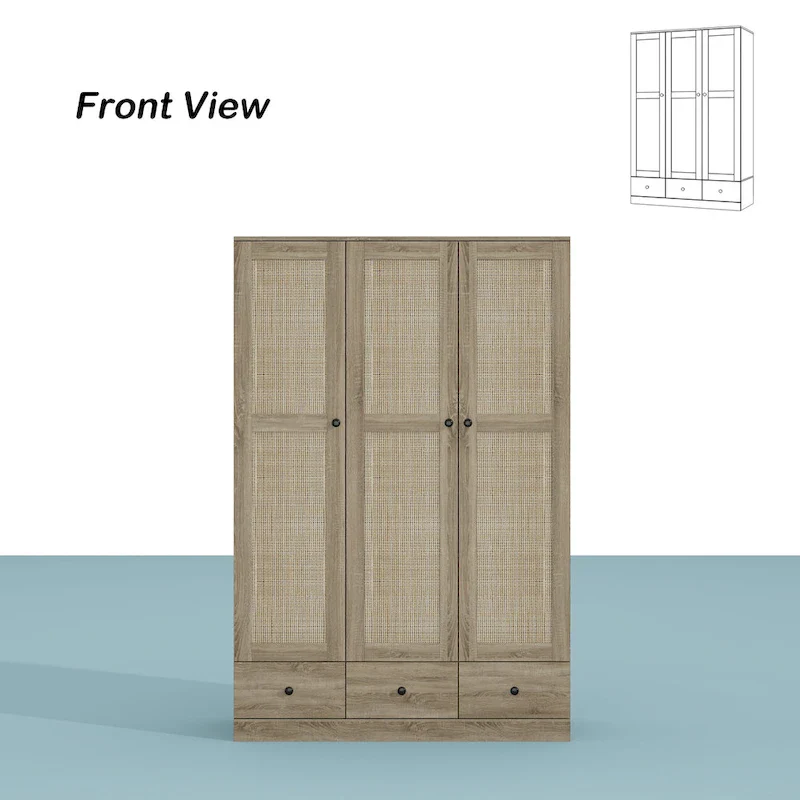 Natural Charm Wooden Armoire - Breathable Rattan Design Ample Storage