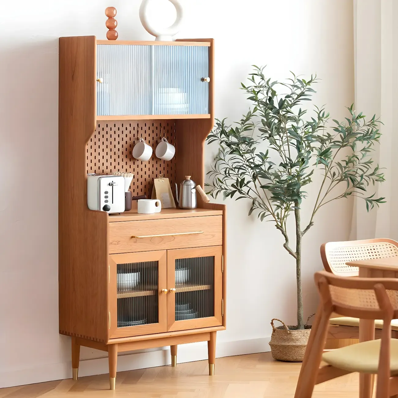 Glass Doors Pine Brown Dining Hutch Cabinet with Drawers