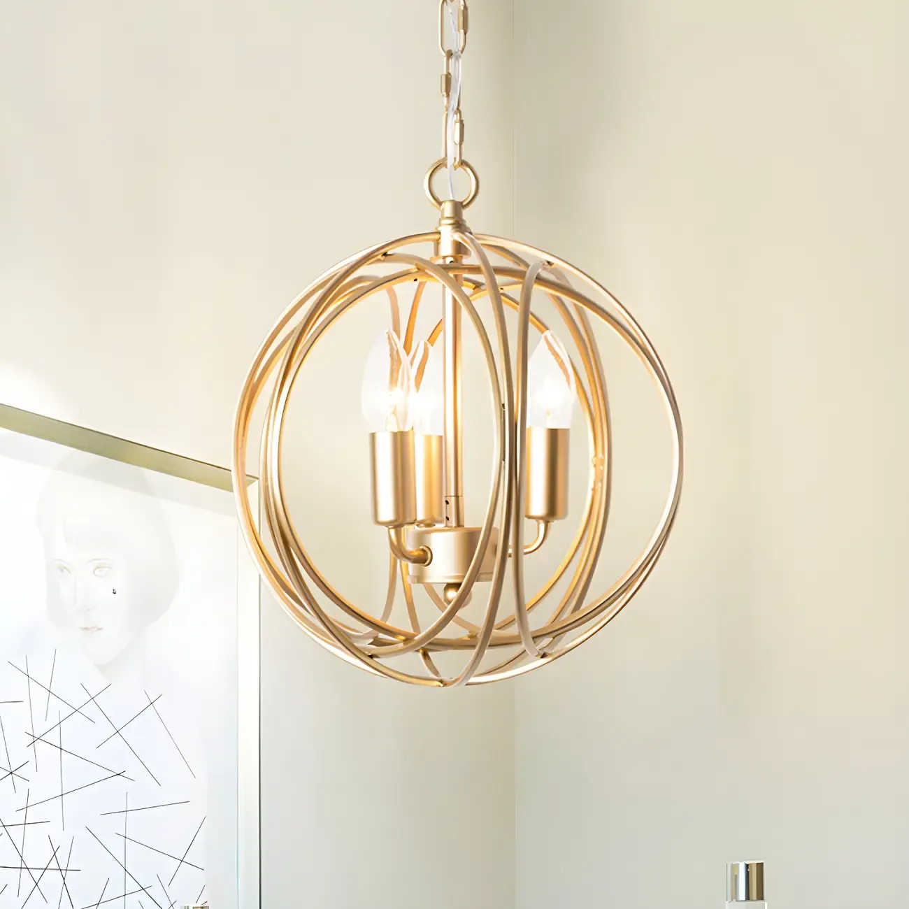 Gold Spherical Metal Cage Candle Chandelier