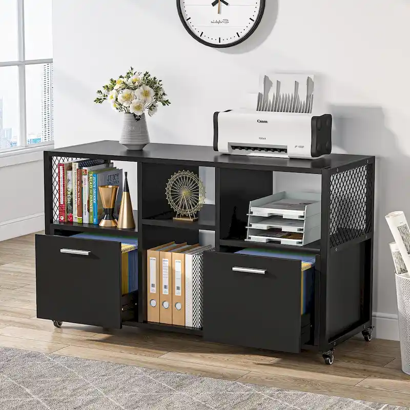 Black Mobile File Cabinet with 4 Shelves - Rolling Storage