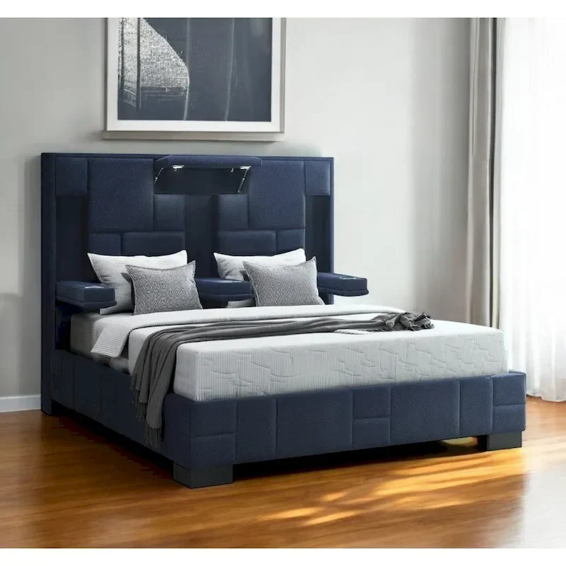 Queen Upholstered Bed Frame with LED Lighting & Bluetooth – Navy Blue / Black, Sleeps 2