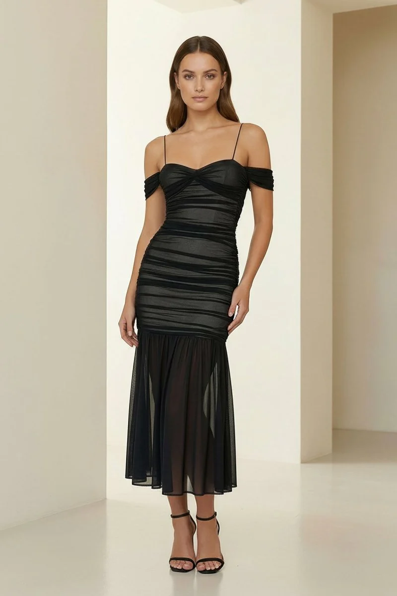 Black Spaghetti Straps Sheath Tulle Pleated Ankle Length Prom Dresses