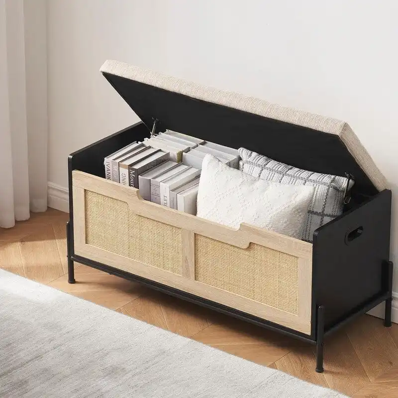 Oak & Black Rattan Storage Bench, Single Seat, for Entryway / Bedroom
