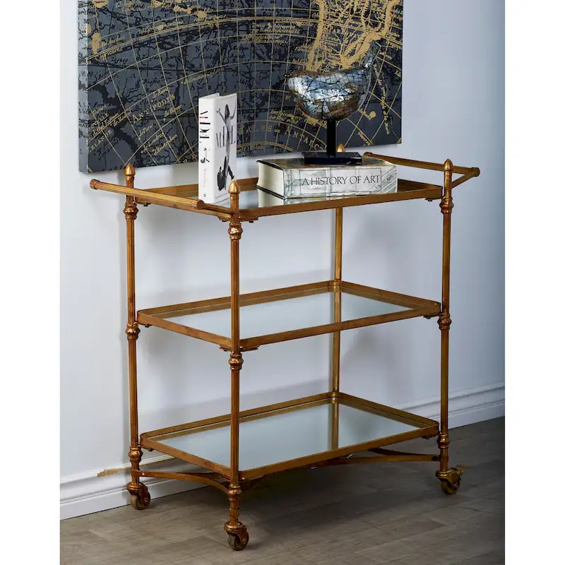 Metal Rolling 3 Mirrored Shelves Bar Cart with Handles - Brass -  - 18W x 35L x 33H