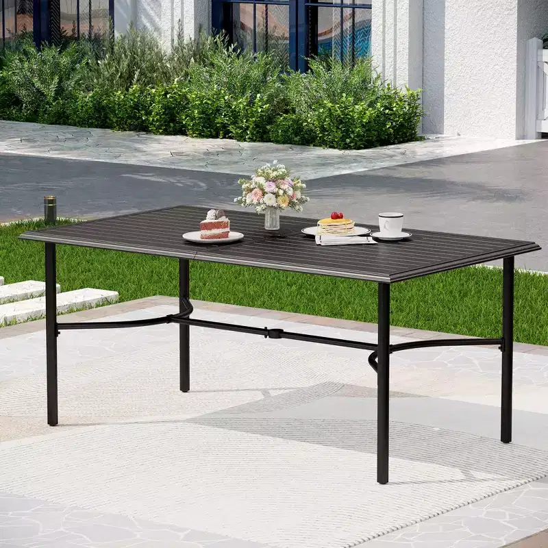 Captiva Designs 7pc Patio Slatted Top Steel Dining Table with Umbrella Hole & Stylish Back Metal Chairs