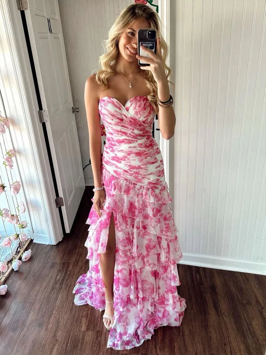 Mermaid Sweetheart Printed Chiffon Long Prom Dresses with Slit